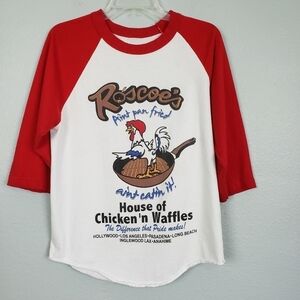 VINTAGE Roscoe's Chicken n Waffles Baseball Shirt Red White Unisex Sz M Novelty